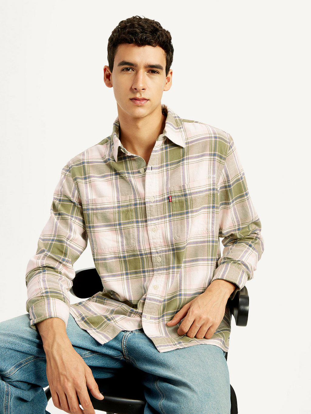 Men's Plaid Khaki Spread Collar Flannel Shirt