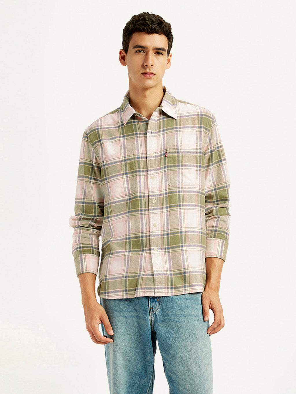 Men's Plaid Khaki Spread Collar Flannel Shirt