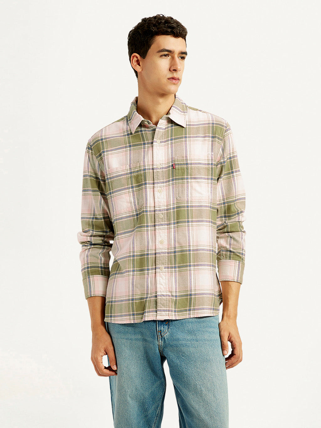 Men's Plaid Khaki Spread Collar Flannel Shirt