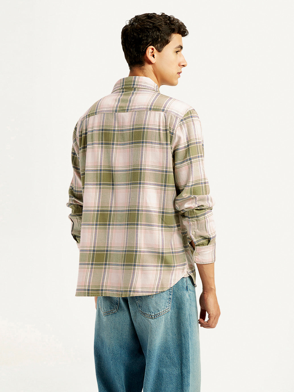 Men's Plaid Khaki Spread Collar Flannel Shirt