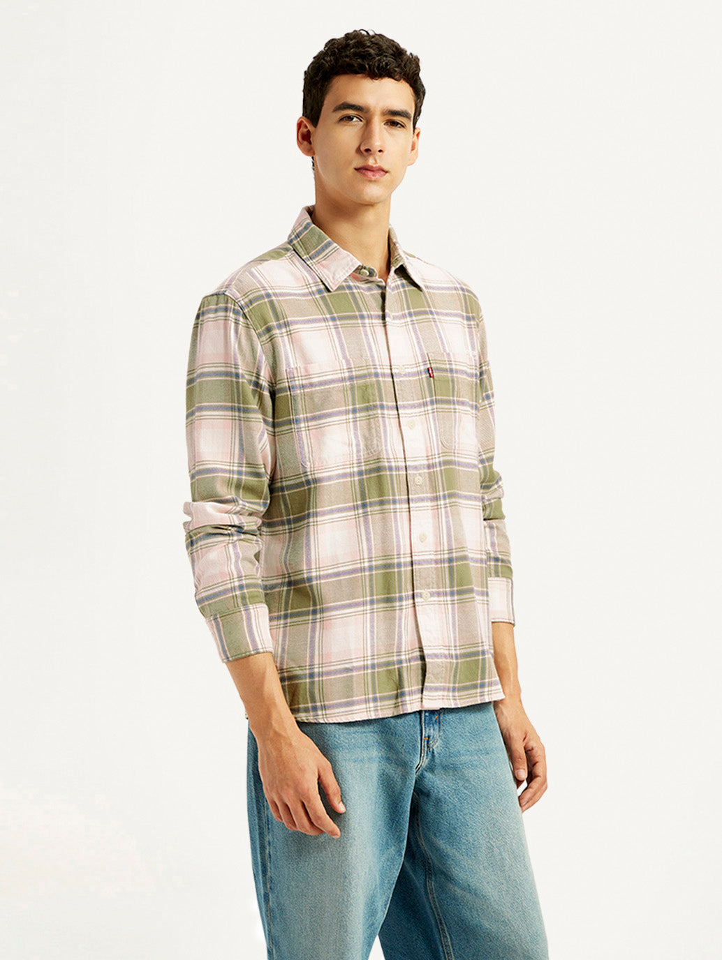 Men's Plaid Khaki Spread Collar Flannel Shirt