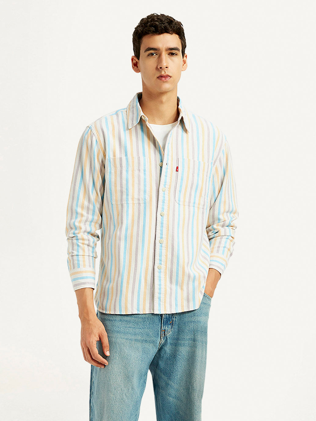 Men's Striped Multi Color Spread Collar Flannel Shirt