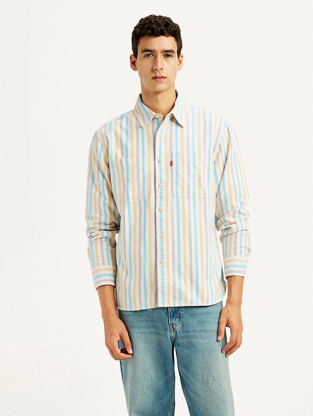 Men's Striped Multi Color Spread Collar Flannel Shirt