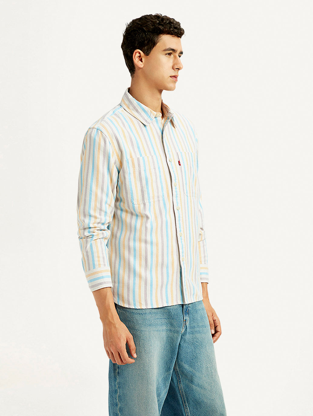 Men's Striped Multi Color Spread Collar Flannel Shirt