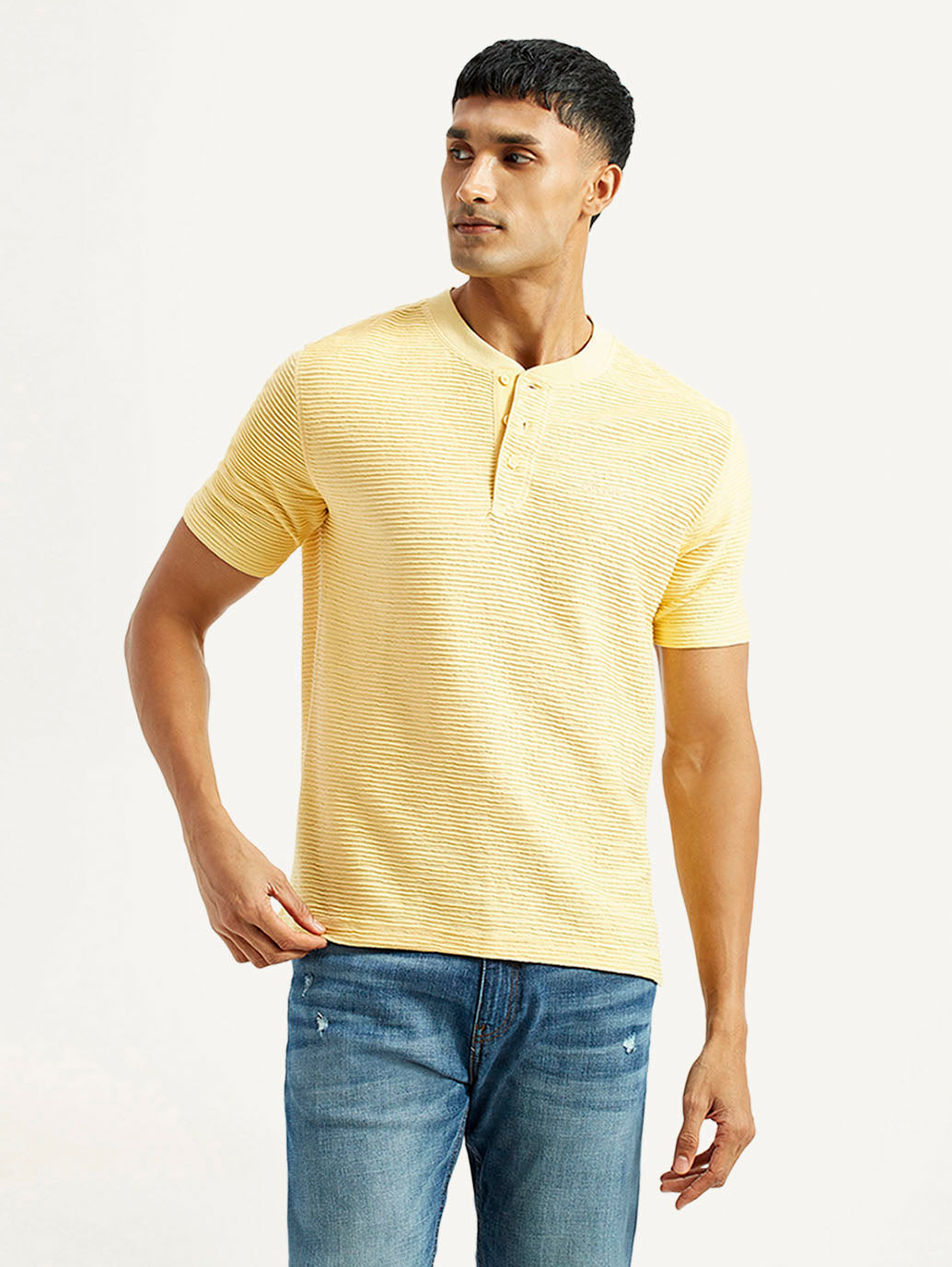 Men's Self Design Yellow Slim Fit T-shirt
