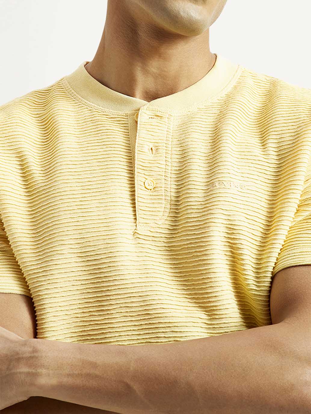 Men's Self Design Yellow Slim Fit T-shirt