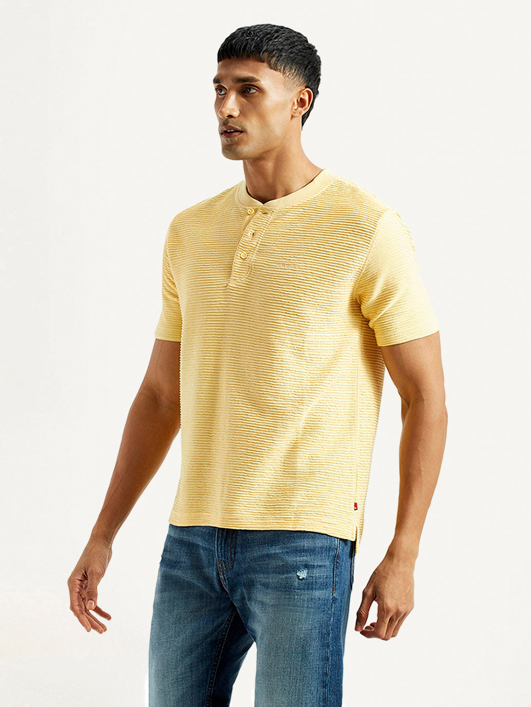 Men's Self Design Yellow Slim Fit T-shirt