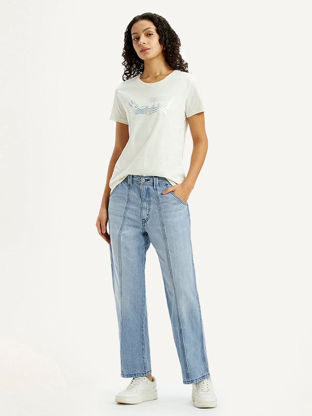 Women's Light Blue Baggy Loose Fit Carpenter Mid Rise Jeans