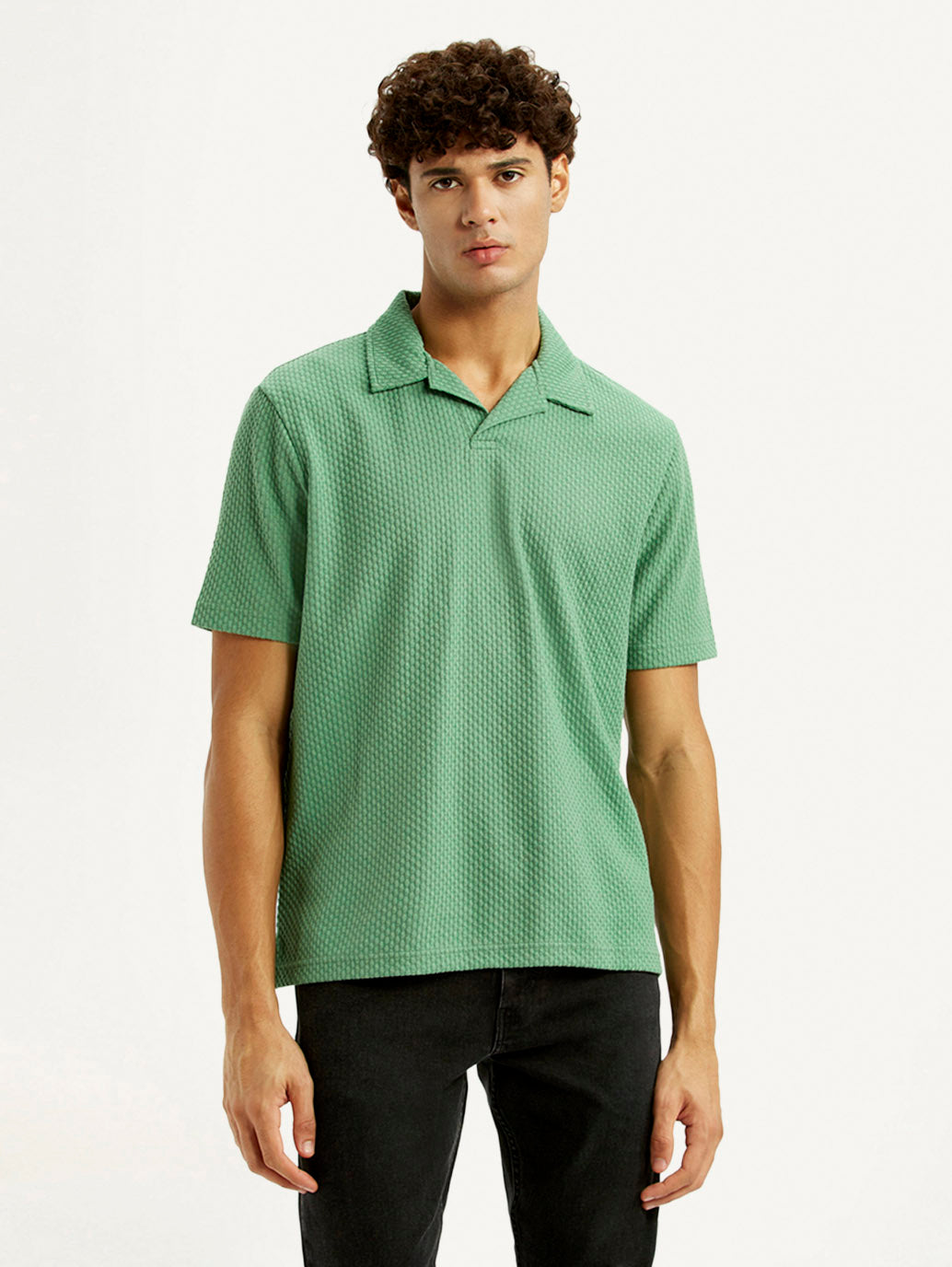 Men's Textured Green Slim Fit Polo T-shirt