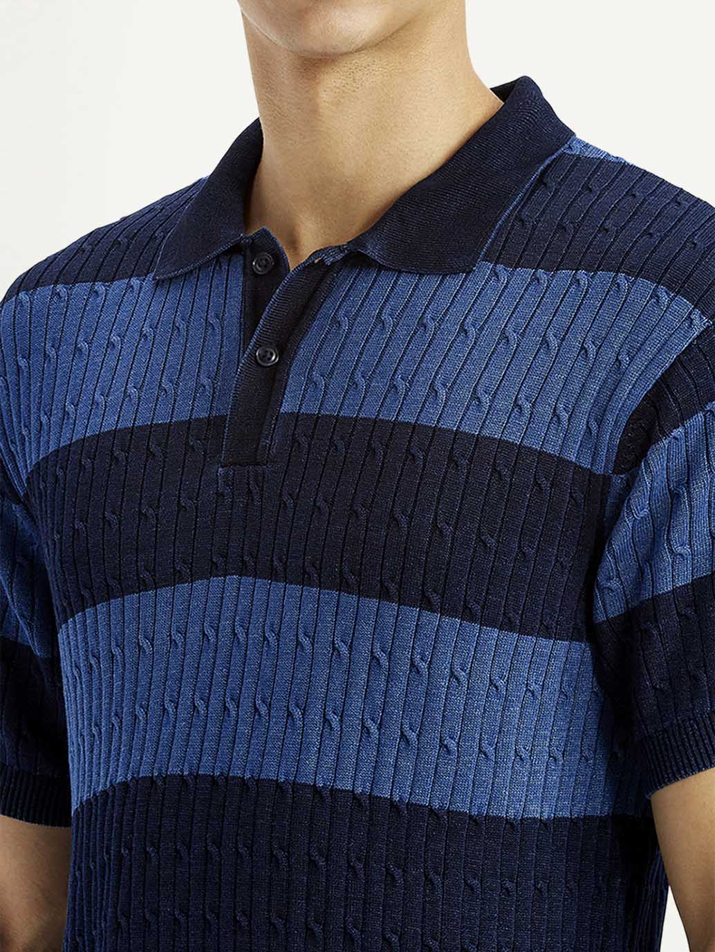 Men's Striped Blue Slim Fit Polo T-shirt