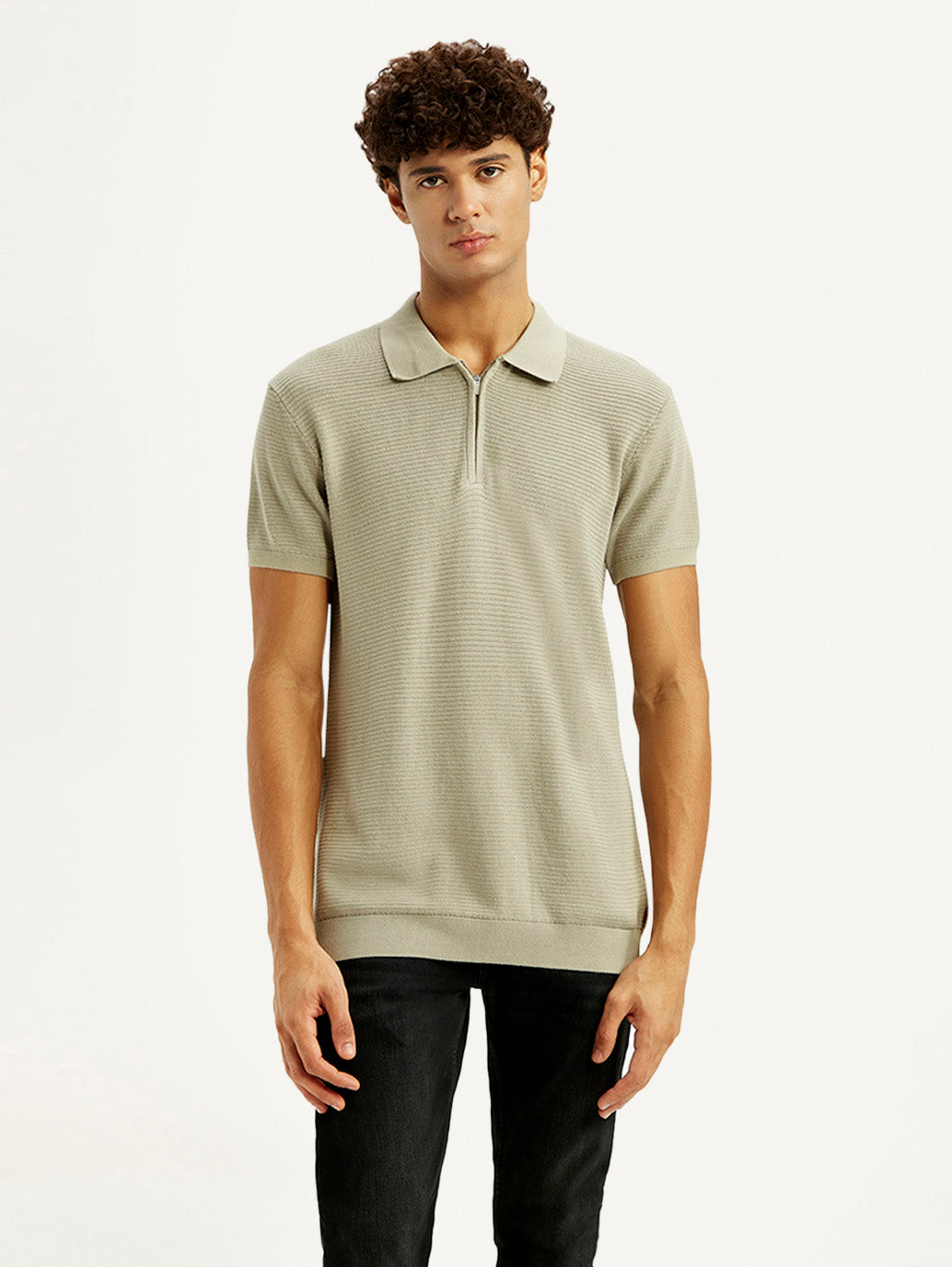 Men's Textured Beige Slim Fit Polo T-shirt