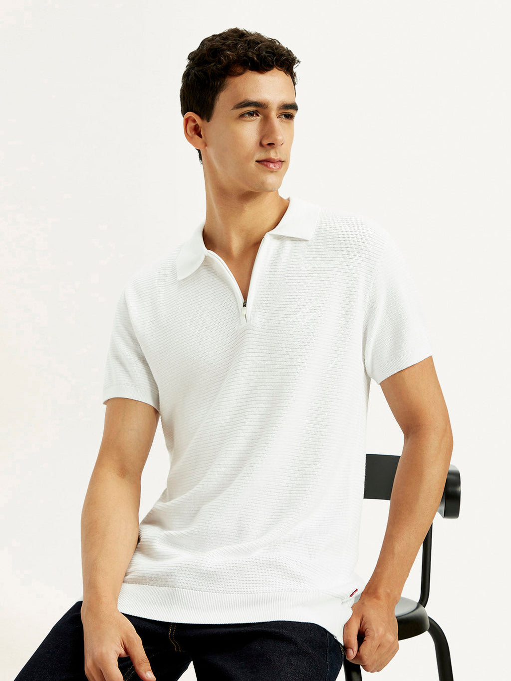 Men's Textured White Slim Fit Polo T-shirt