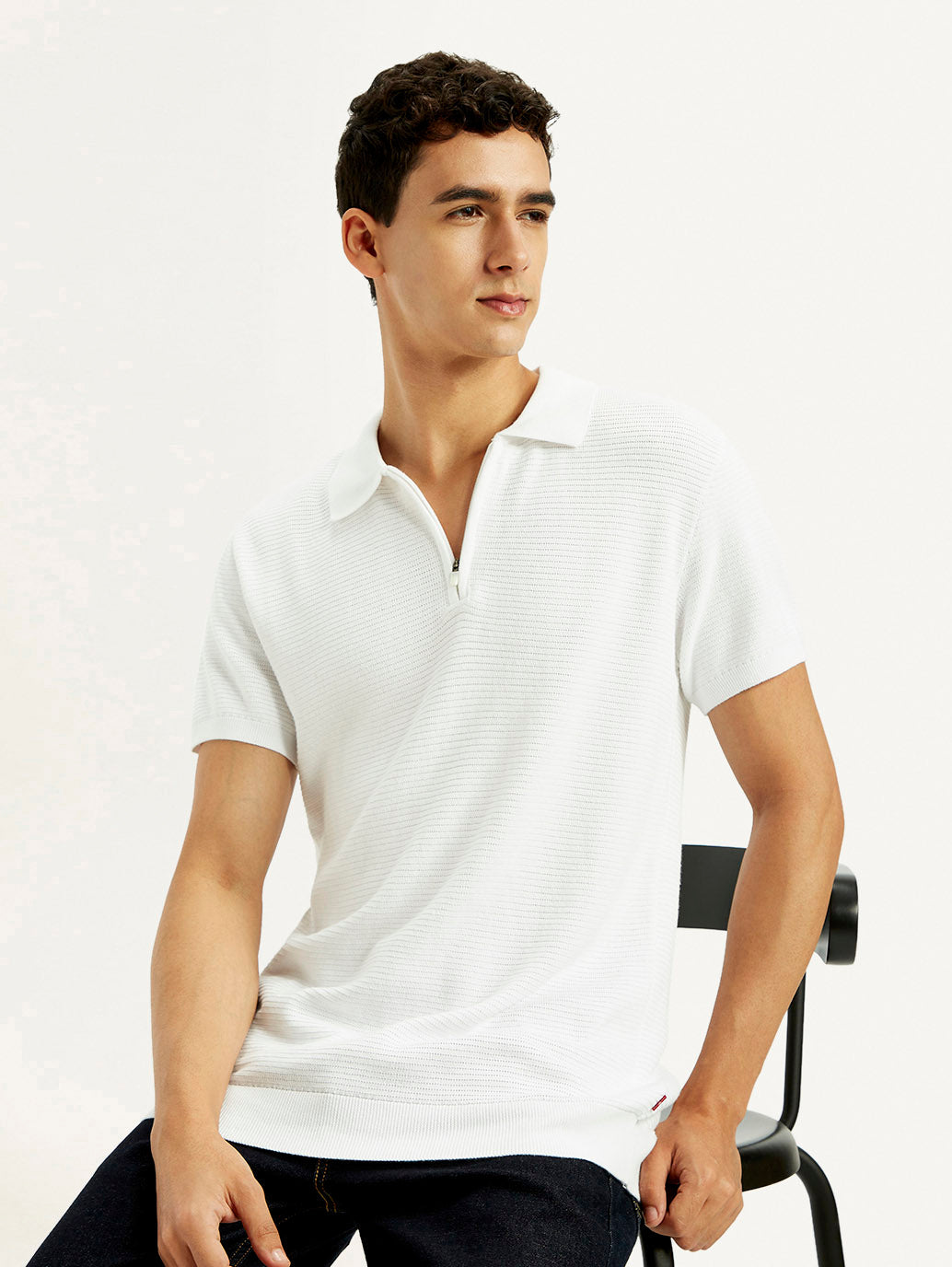 Men's Textured White Slim Fit Polo T-shirt