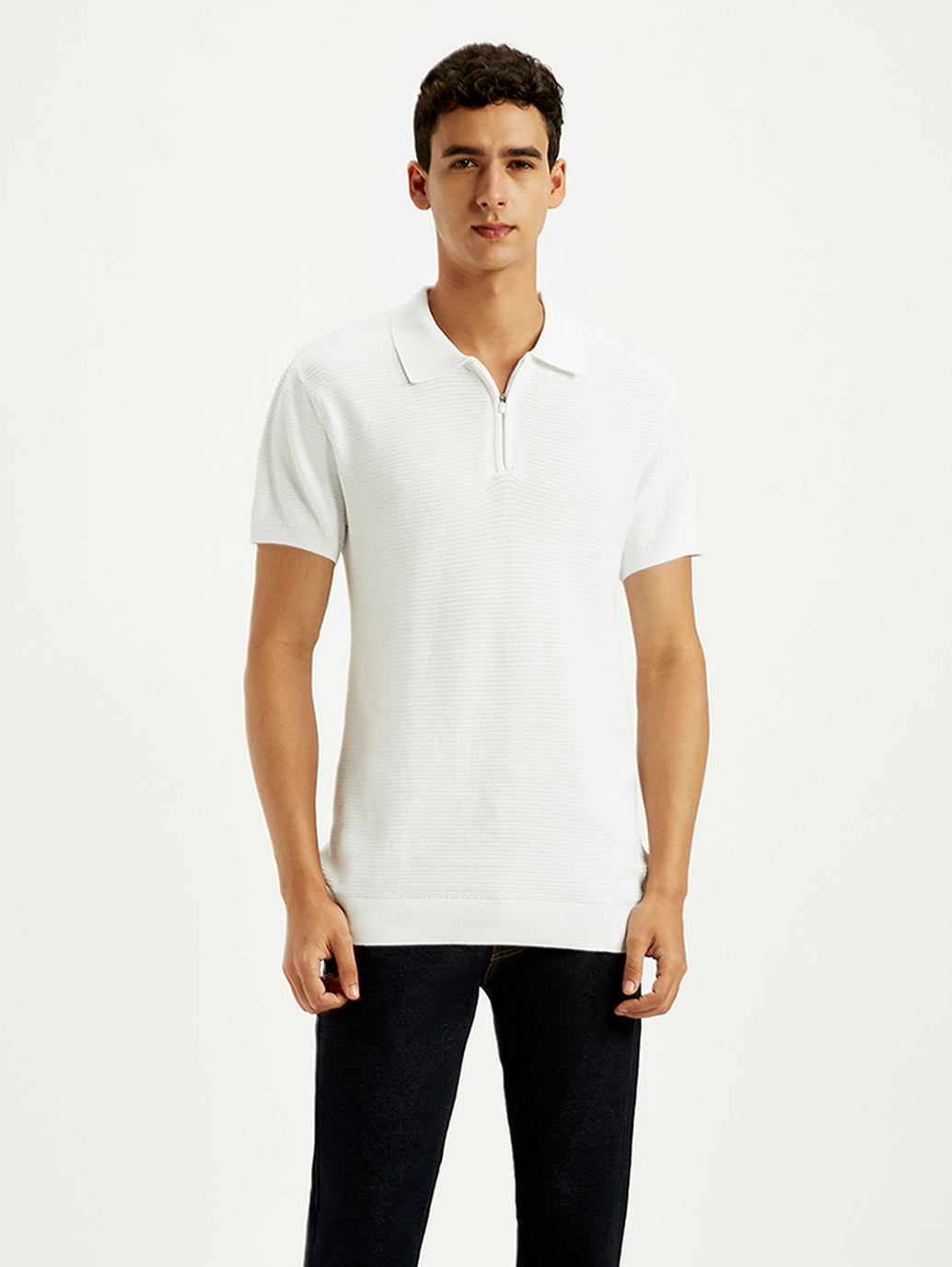 Men's Textured White Slim Fit Polo T-shirt