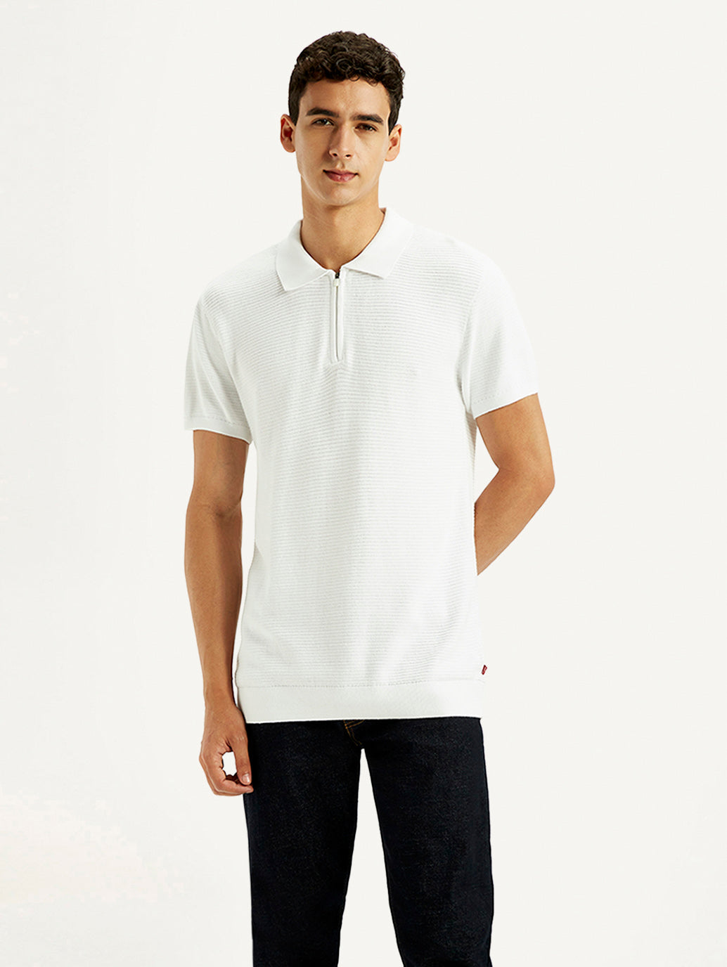 Men's Textured White Slim Fit Polo T-shirt