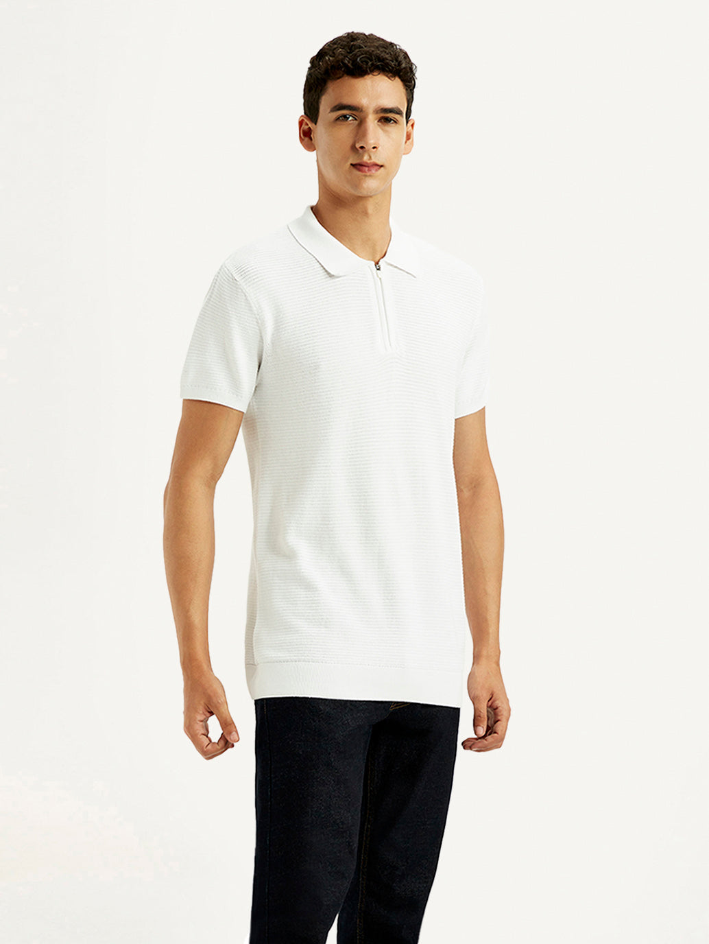Men's Textured White Slim Fit Polo T-shirt