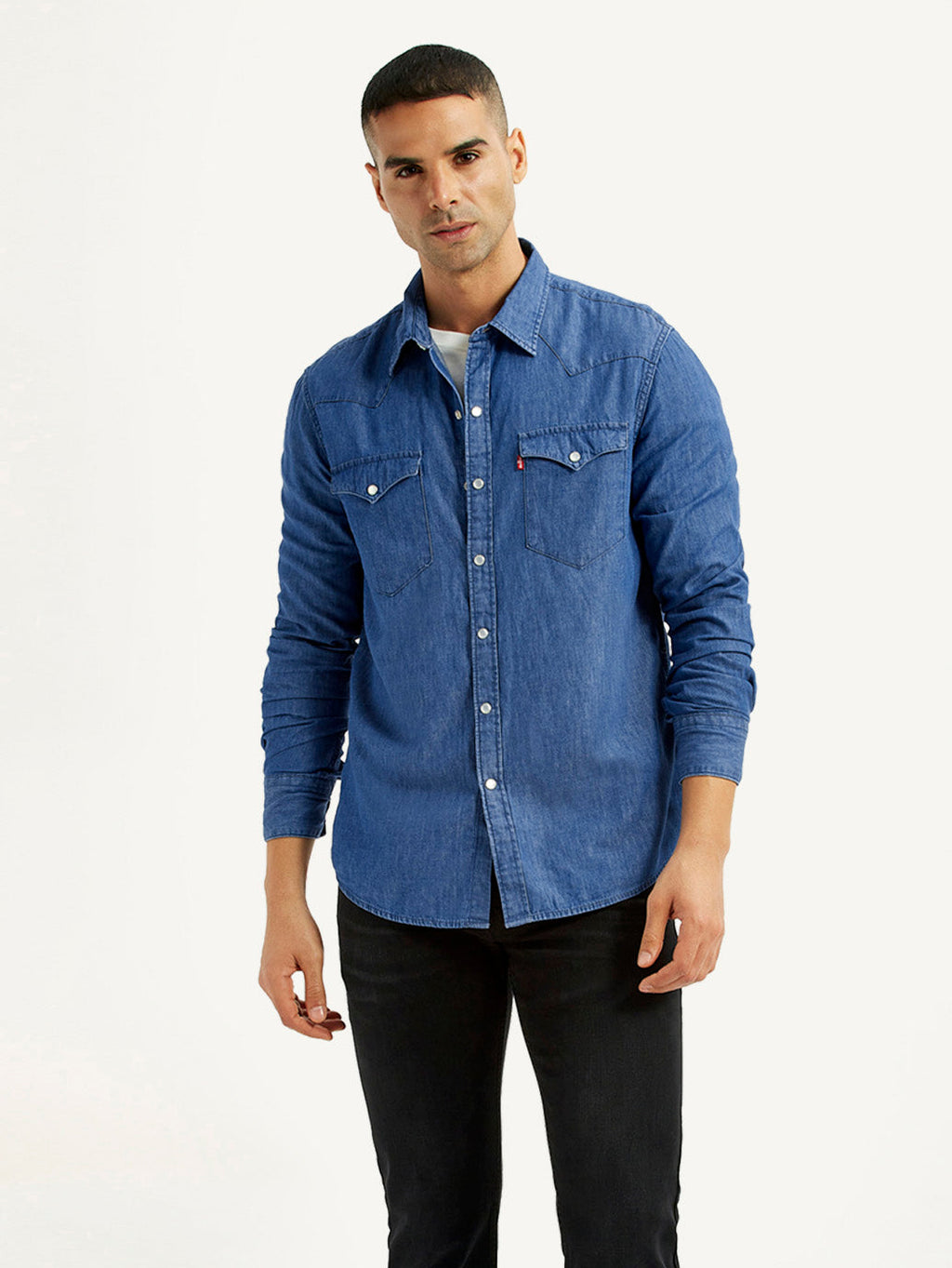 Men's Solid Blue Slim Fit Denim Shirt