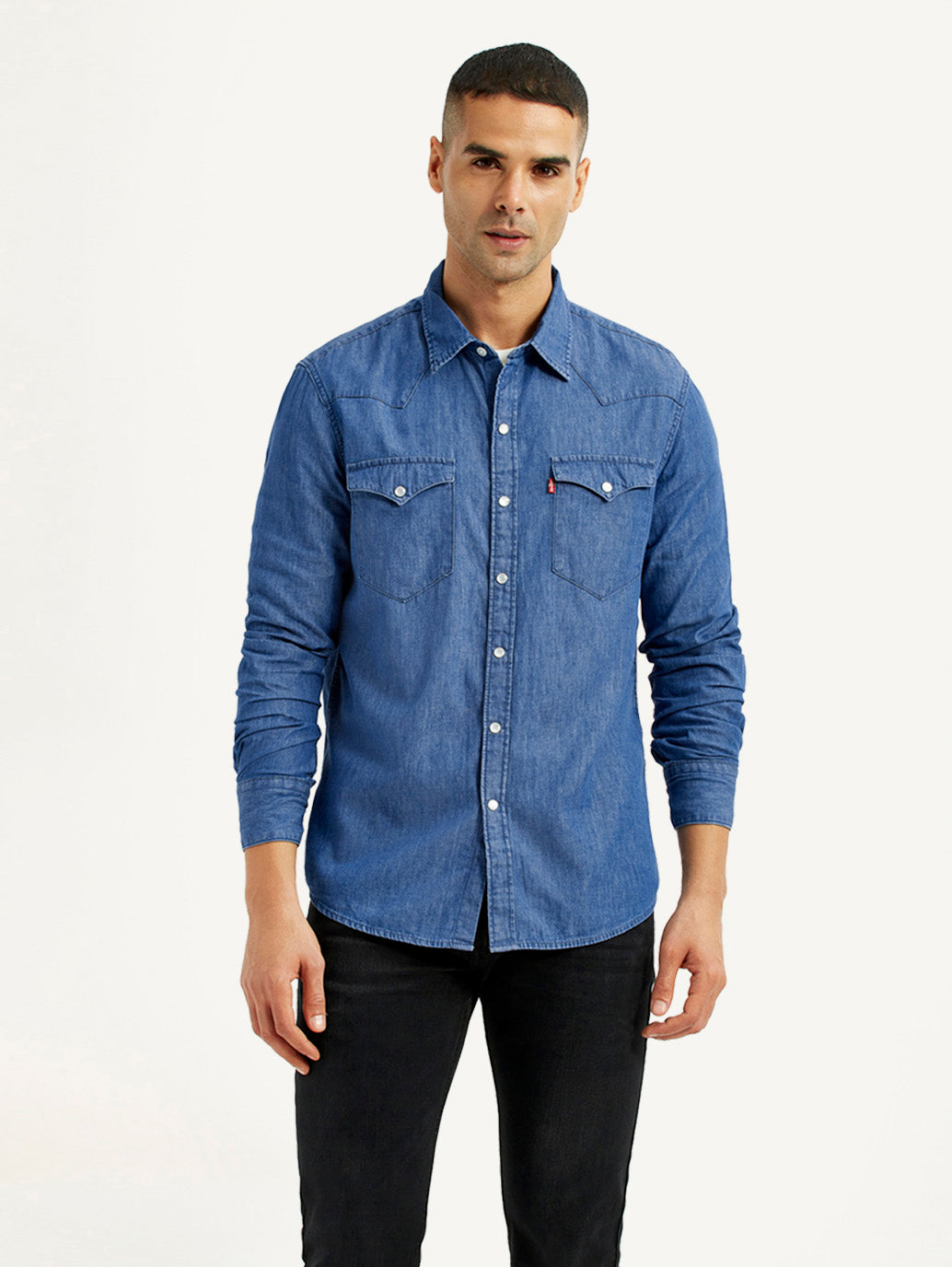 Men's Solid Blue Slim Fit Denim Shirt