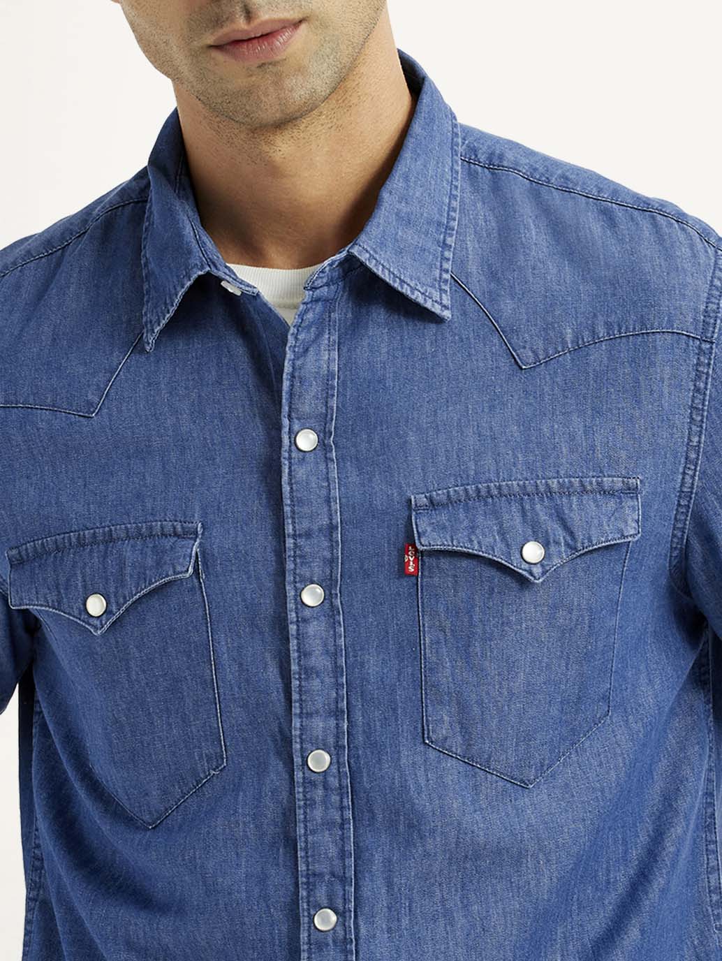 Men's Solid Blue Slim Fit Denim Shirt