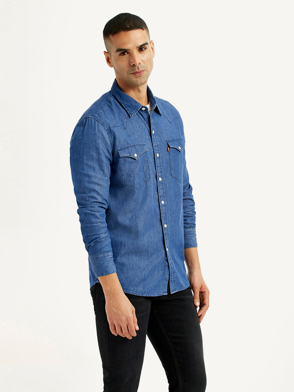 Men's Solid Blue Slim Fit Denim Shirt