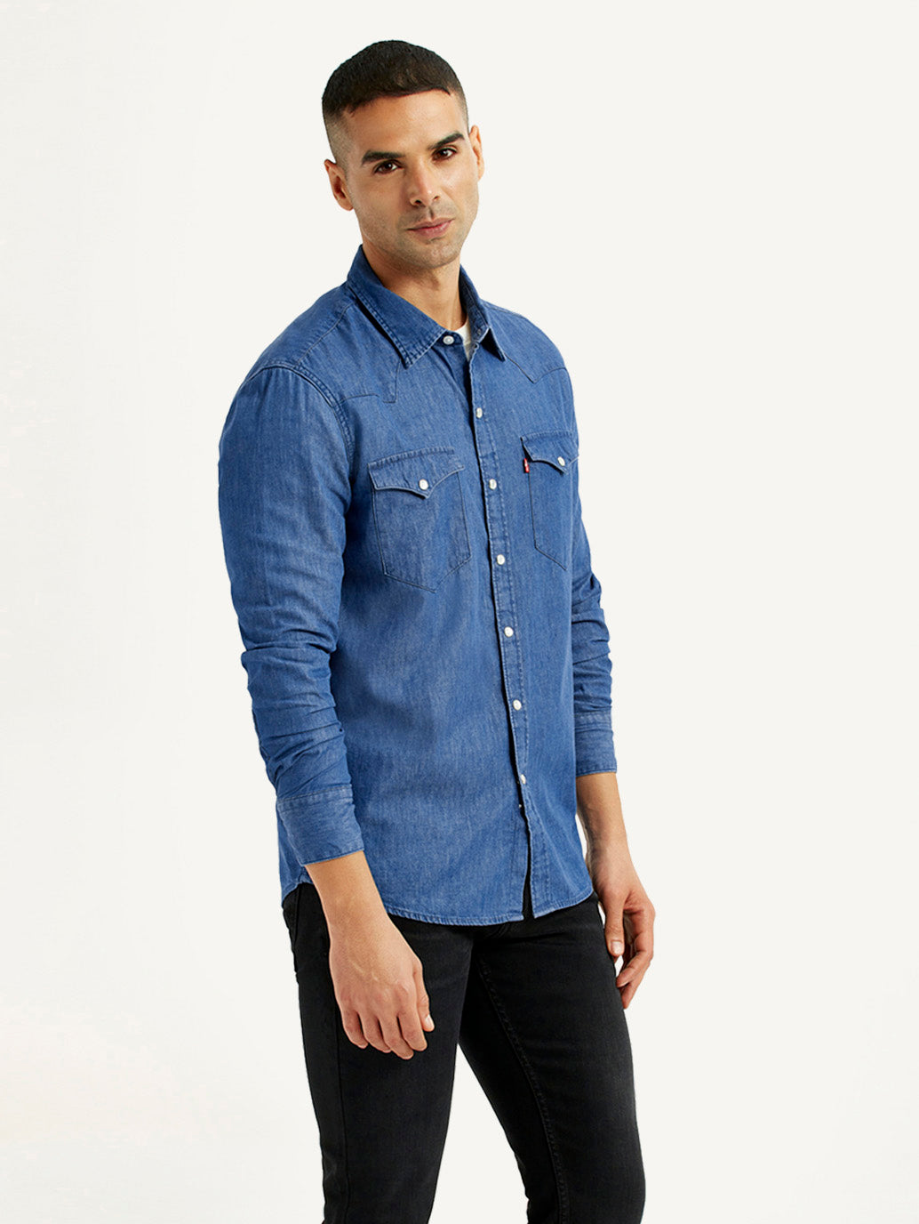 Men's Solid Blue Slim Fit Denim Shirt