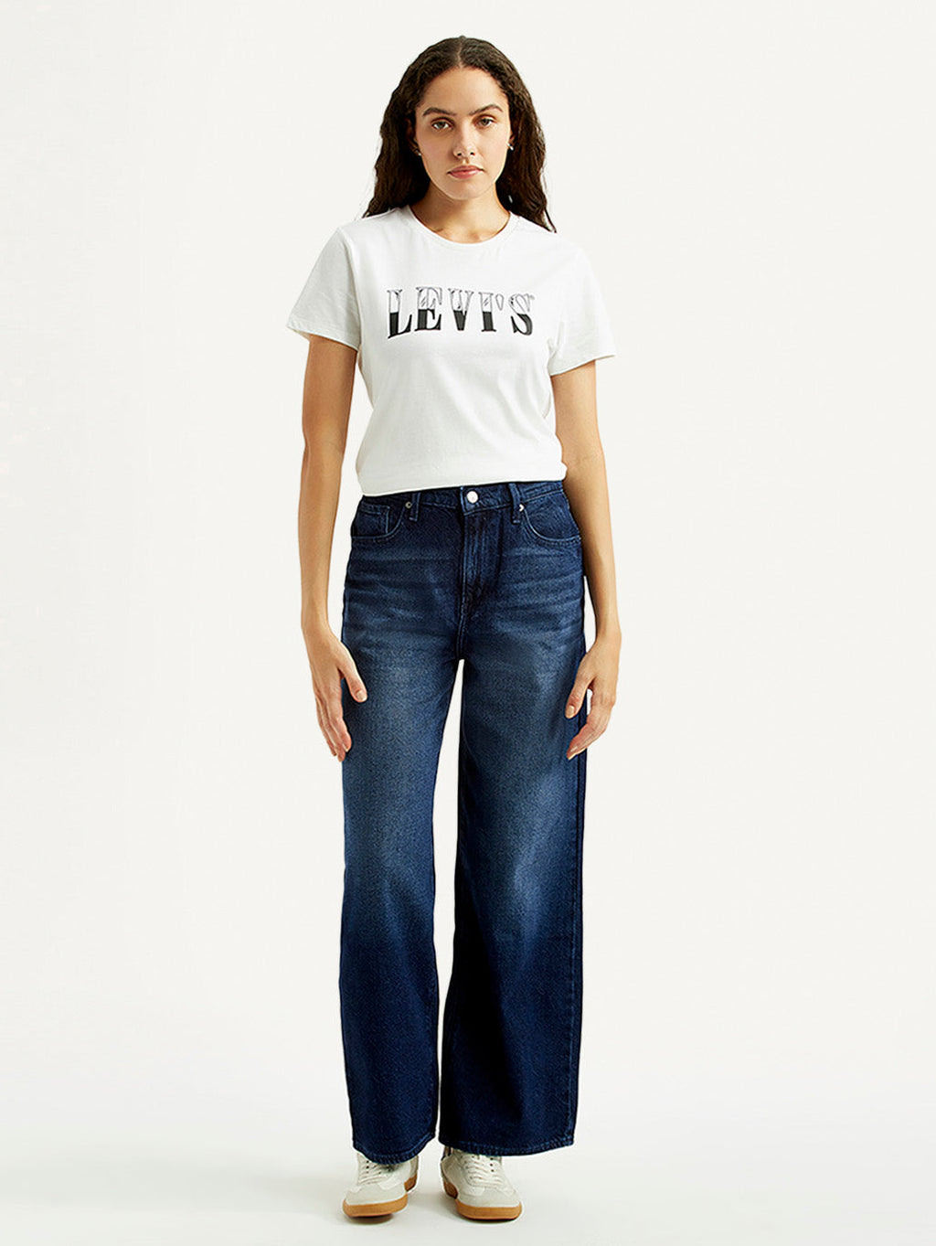 Women's Dark Blue Wide Leg Fit High Rise Jeans