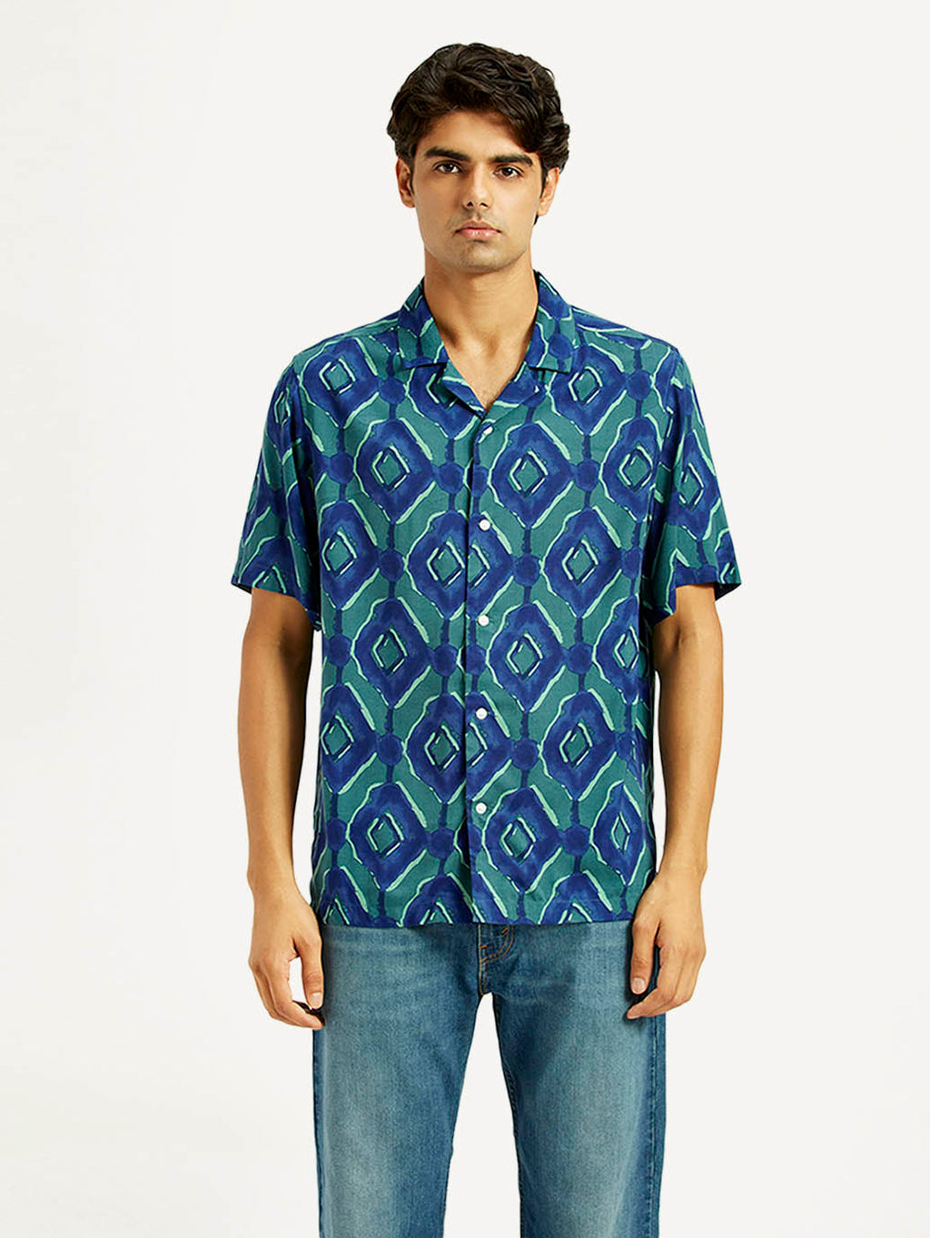 Men's Geometric Blue Camp Shirt