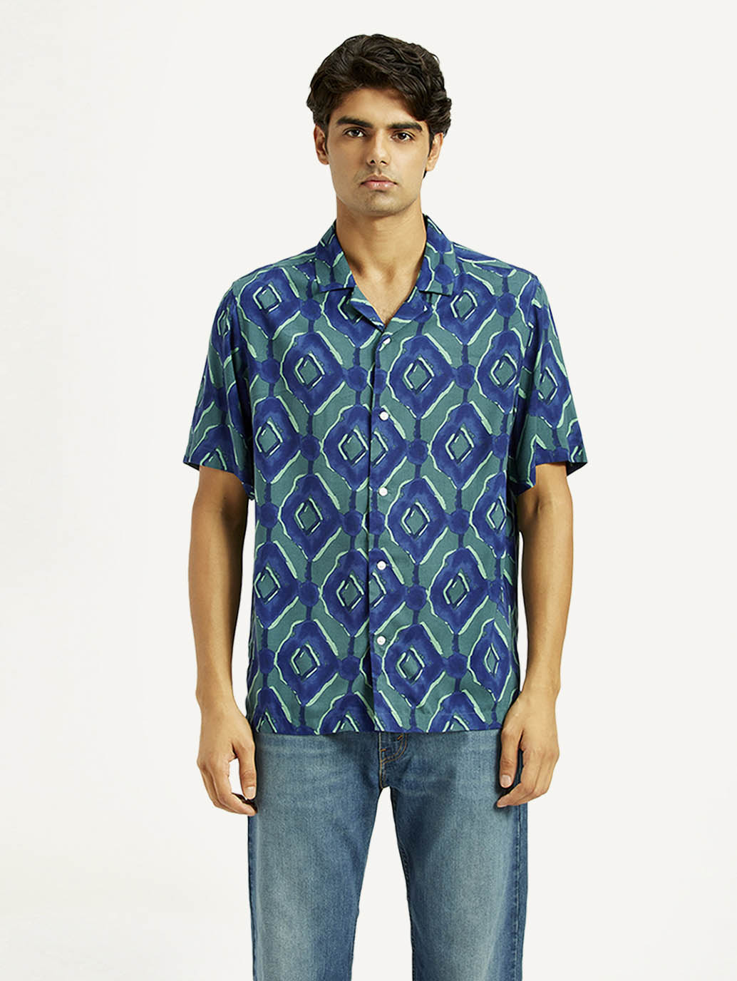Men's Geometric Blue Camp Shirt