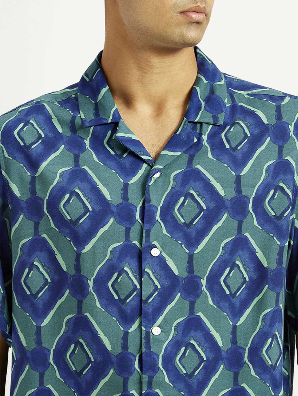 Men's Geometric Blue Camp Shirt