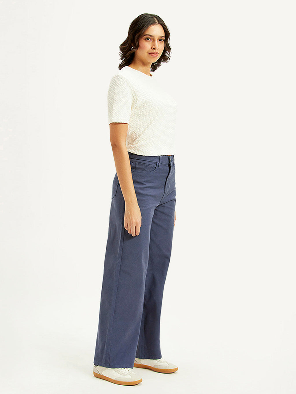 Women's Navy Blue Vintage Chino Wideleg Fit High Rise Jeans