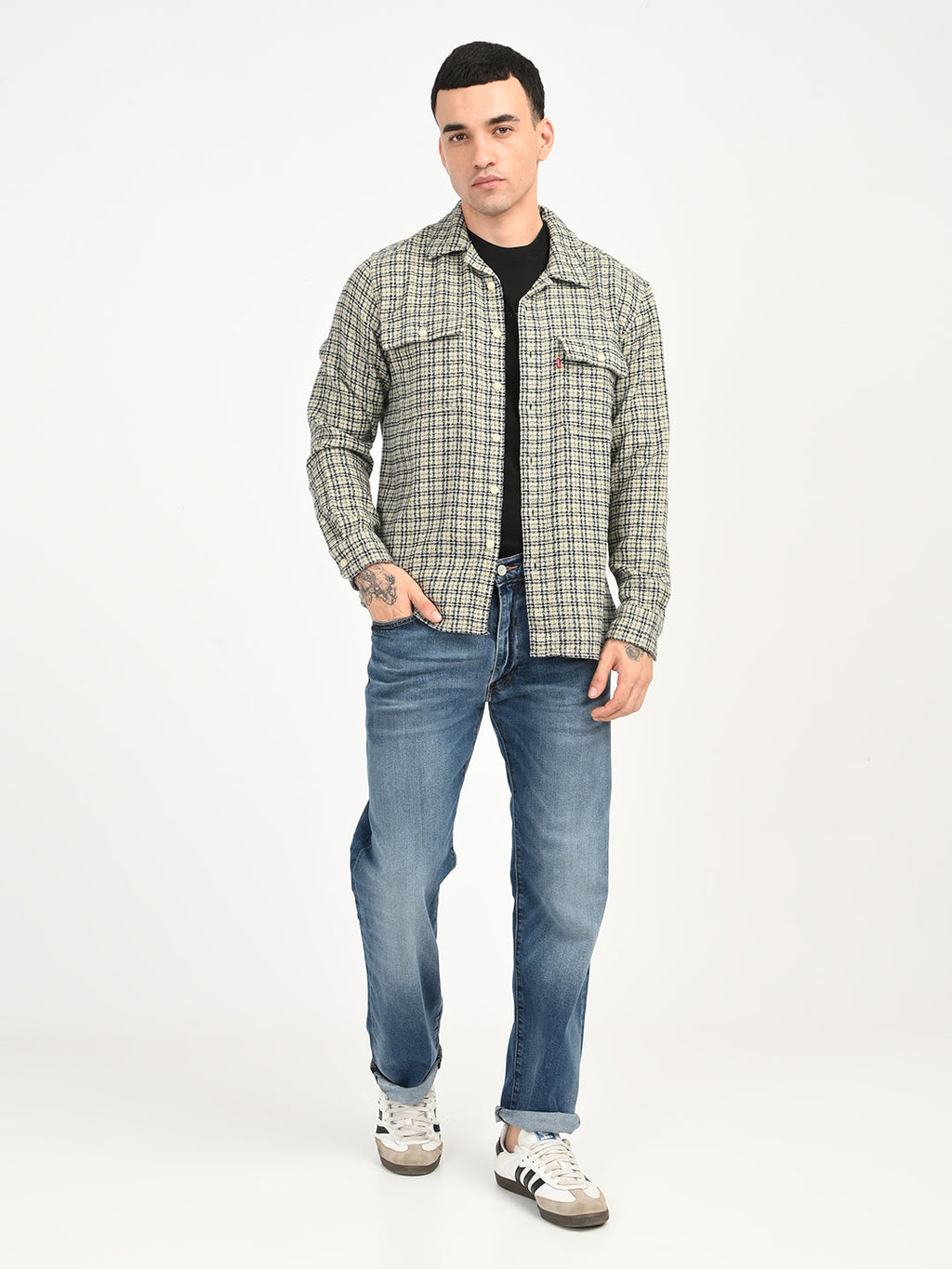 Men's Checkered Beige Slim Fit Camp Shirt