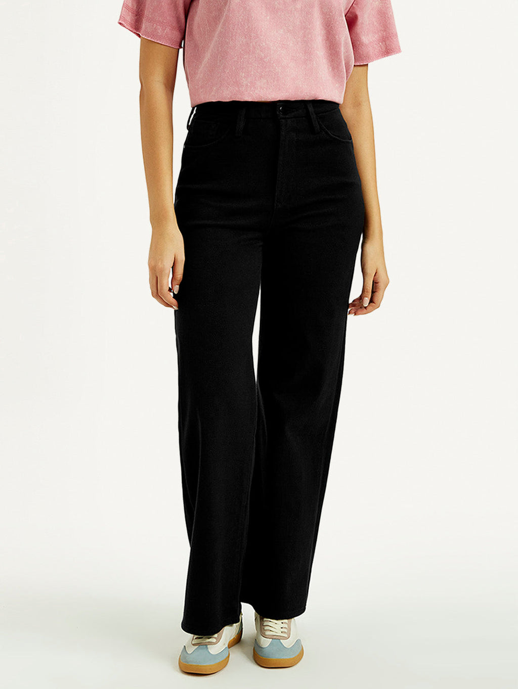 Women's Redloop Black Ribcage Bell Bottom Wide Leg Fit High Rise Jeans