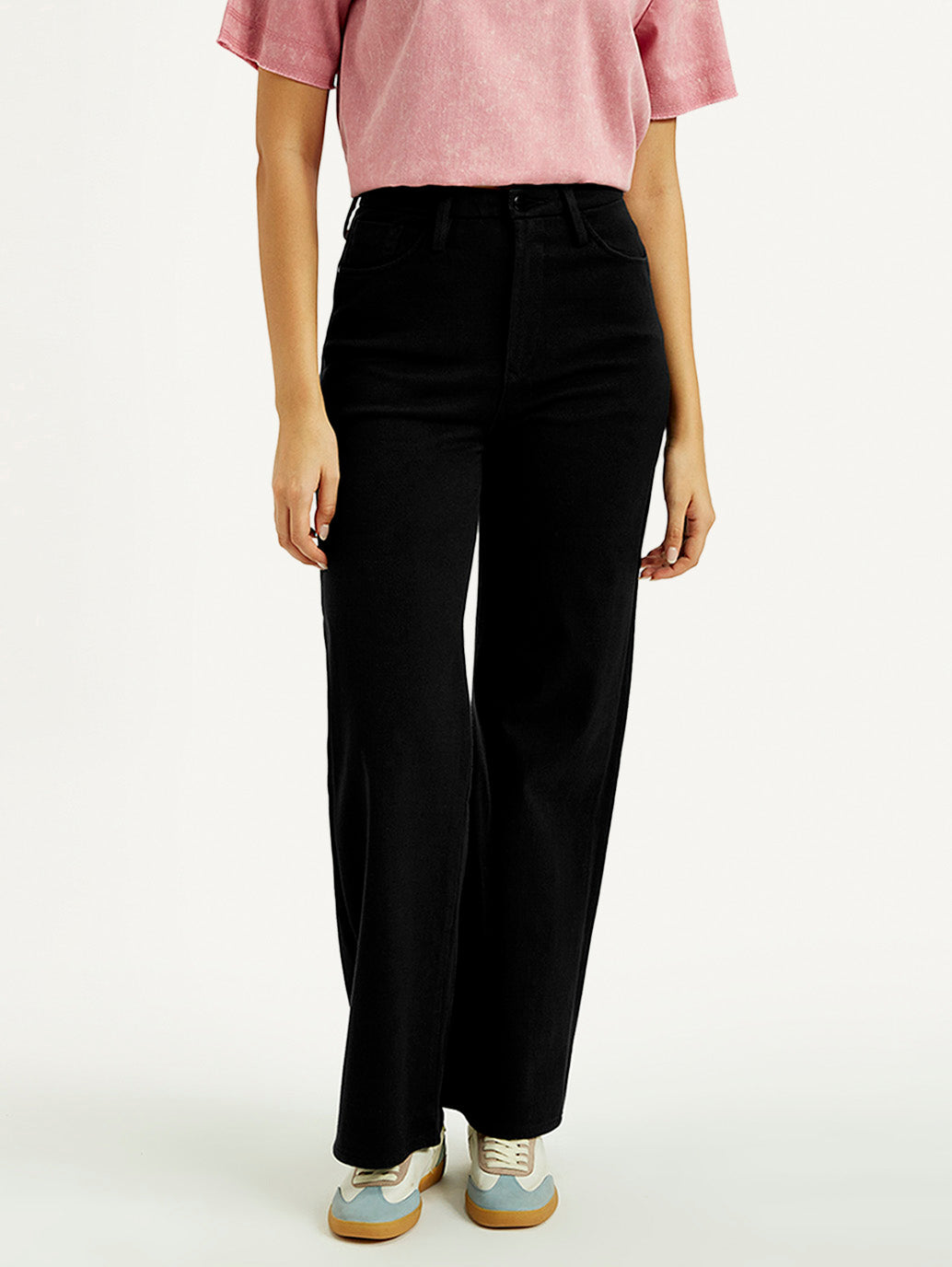 Women's Redloop Black Ribcage Bell Bottom Wide Leg Fit High Rise Jeans