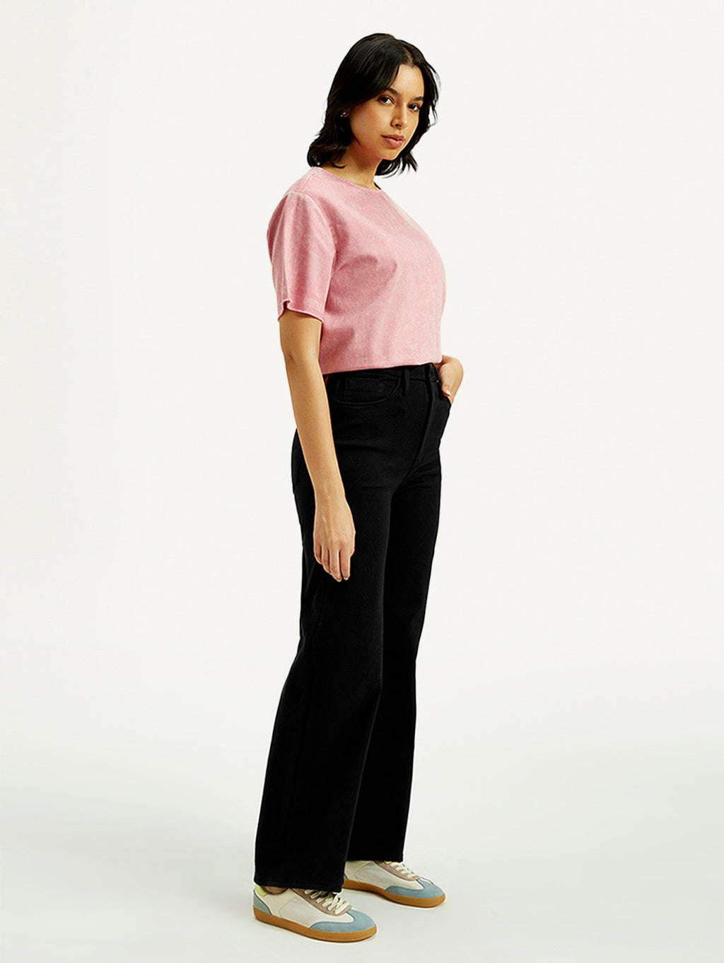Women's Redloop Black Ribcage Bell Bottom Wide Leg Fit High Rise Jeans
