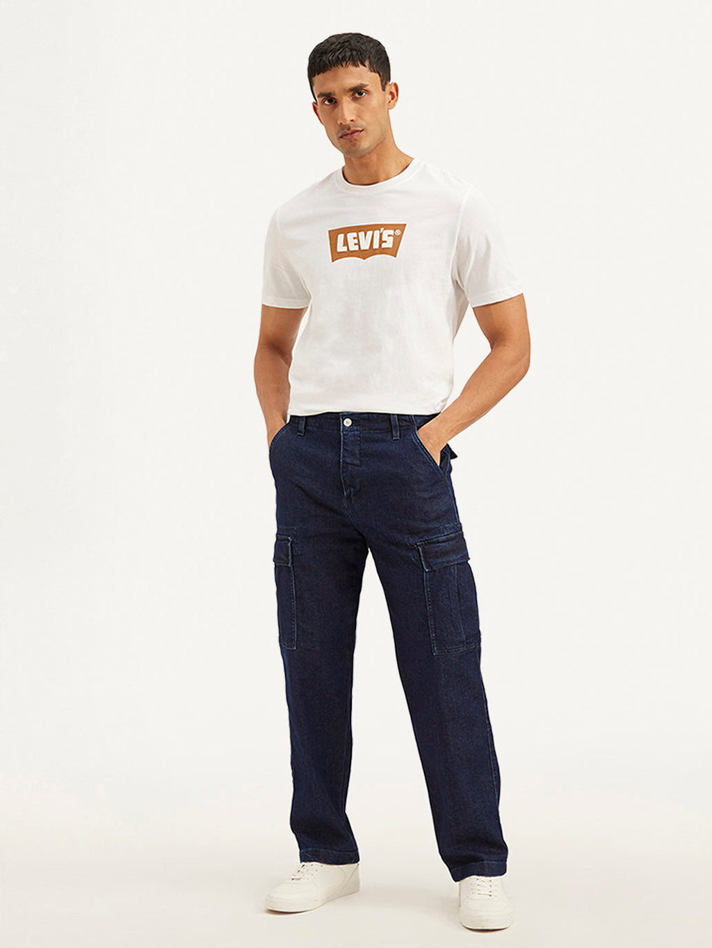 Men's Navy Blue Straight Fit Mid Rise Cargo Jeans