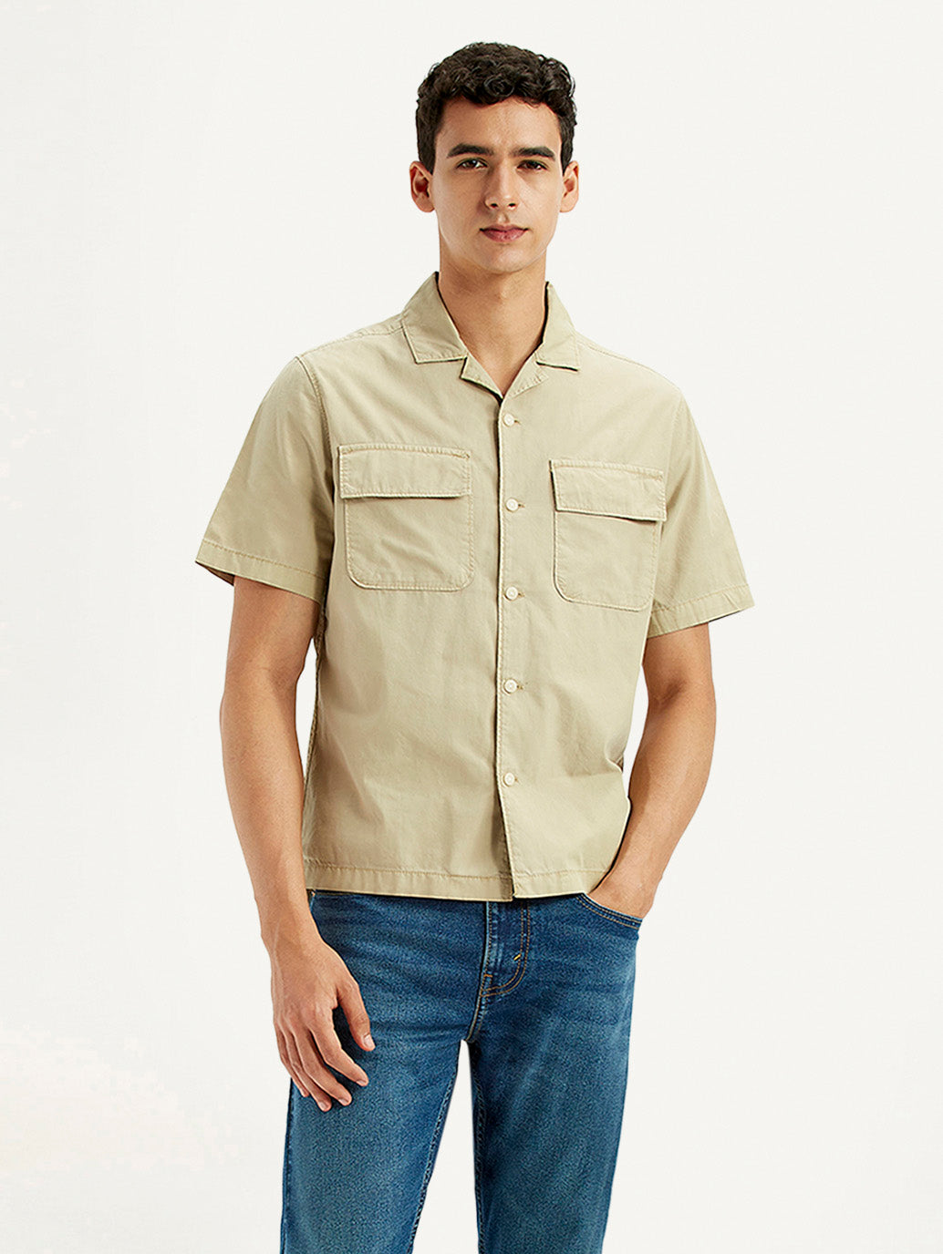 Men's Solid Overdyed Beige Relaxed Fit Resort Collar Shirt