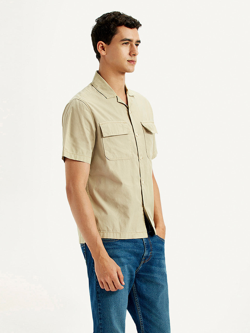 Men's Solid Overdyed Beige Relaxed Fit Resort Collar Shirt