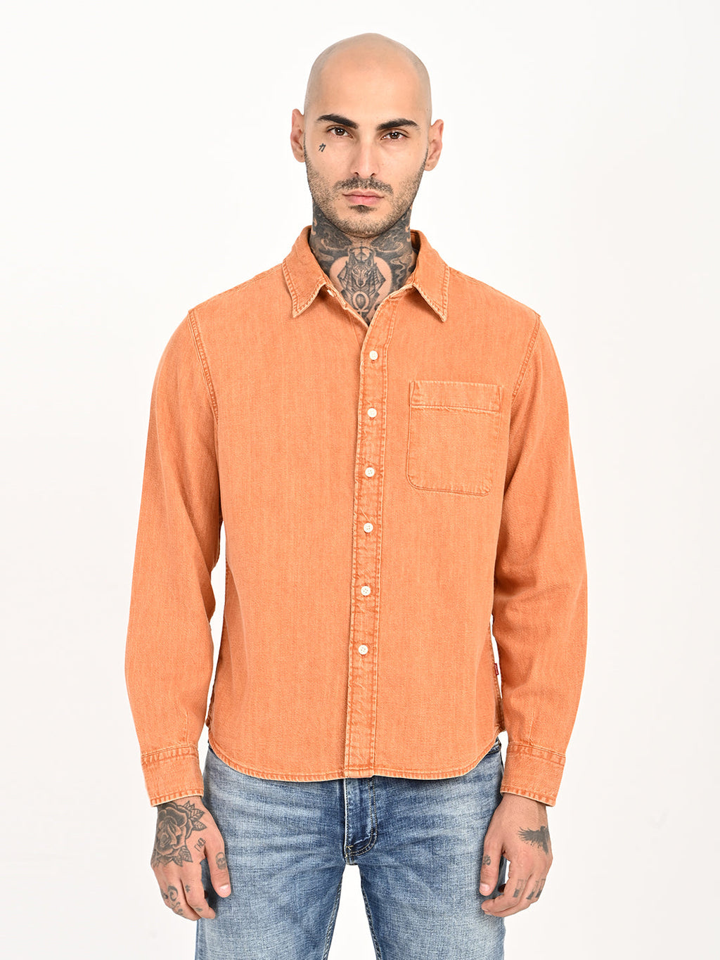 Men's Solid Orange Spread Collar Shirt