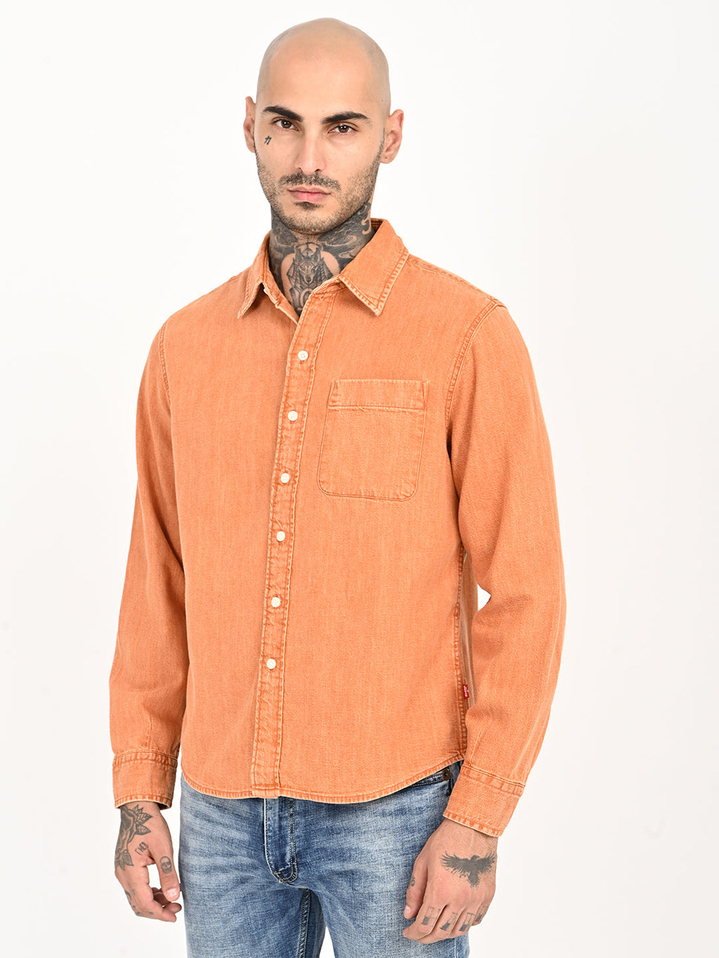 Men's Solid Orange Spread Collar Shirt