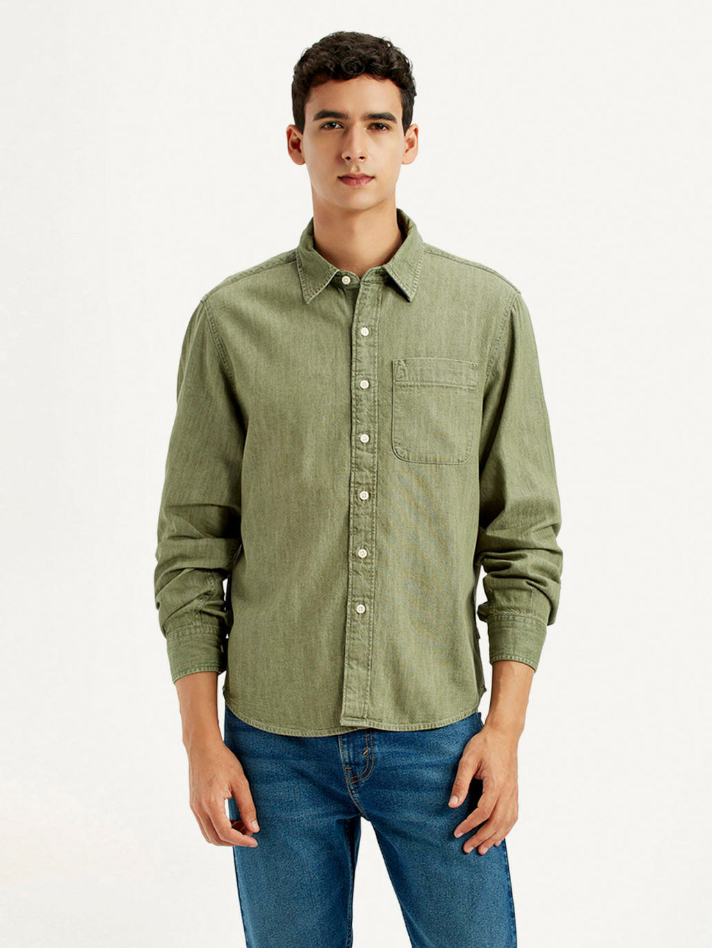 Men's Solid Olive Spread Collar Shirt
