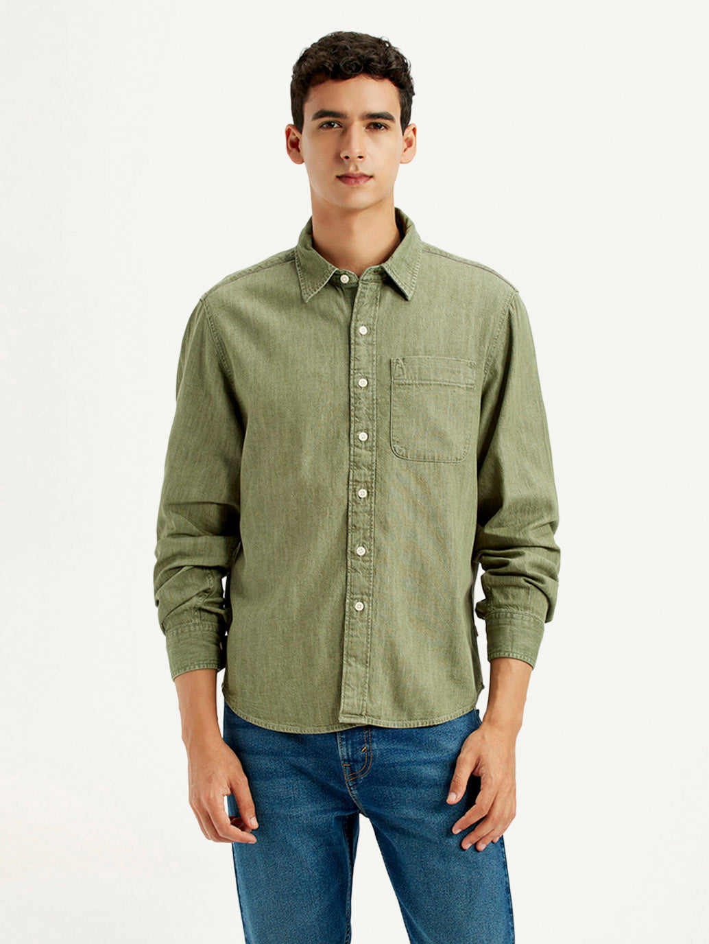 Men's Solid Olive Spread Collar Shirt