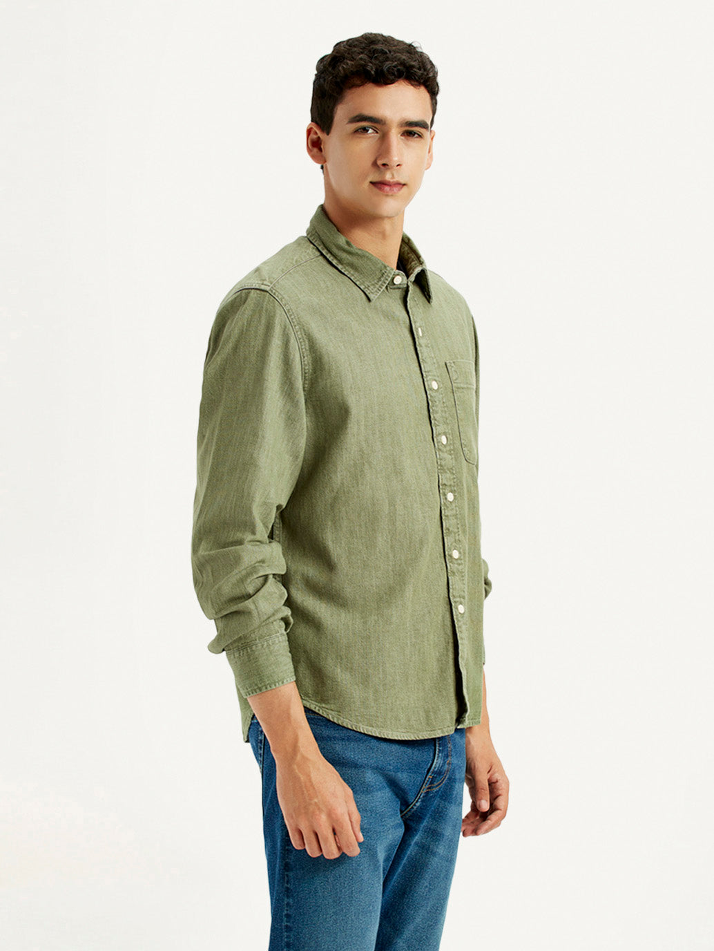 Men's Solid Olive Spread Collar Shirt