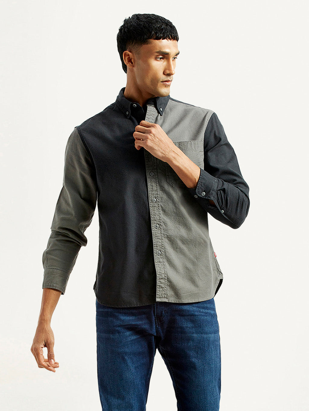 Men's Colorblock Charcoal Grey Spread Collar Flannel Shirt