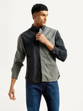 Men's Colorblock Charcoal Grey Spread Collar Flannel Shirt