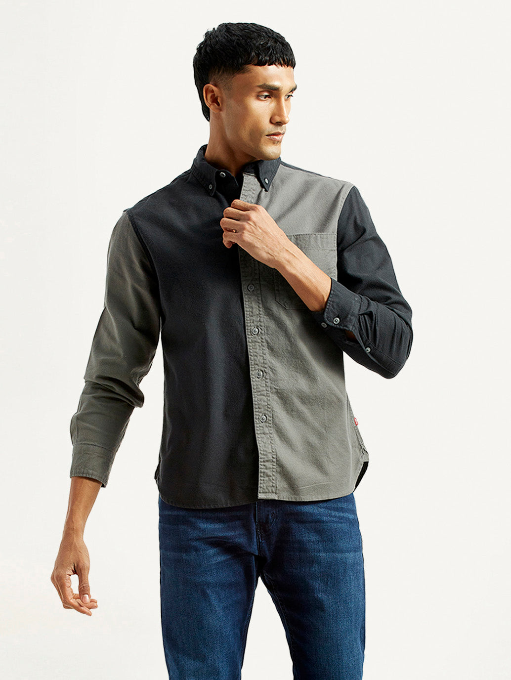 Men's Colorblock Charcoal Grey Spread Collar Flannel Shirt
