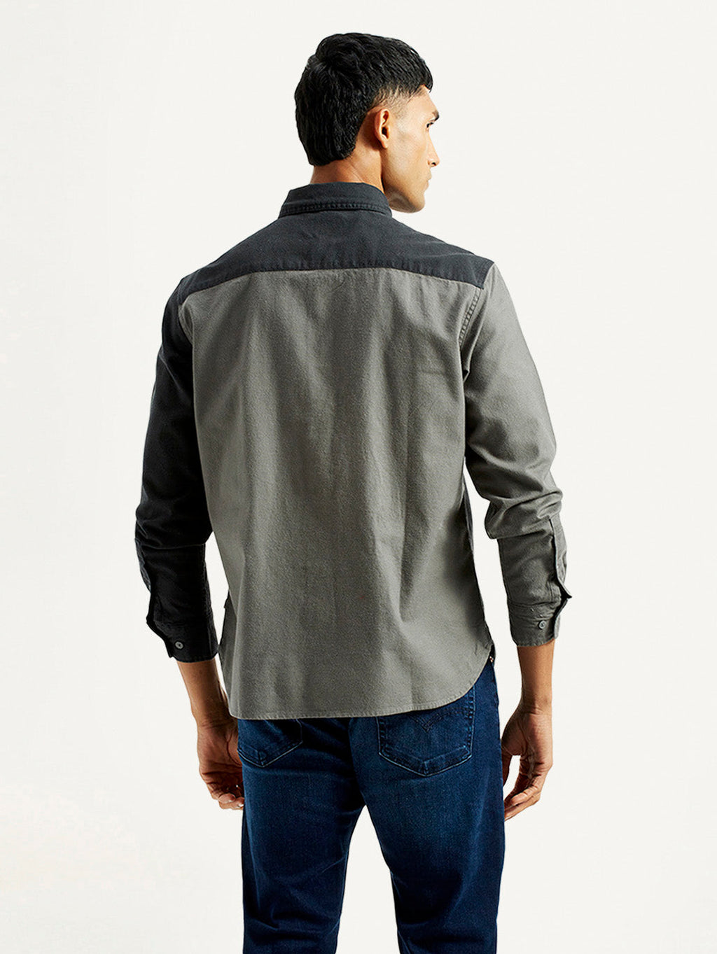 Men's Colorblock Charcoal Grey Spread Collar Flannel Shirt
