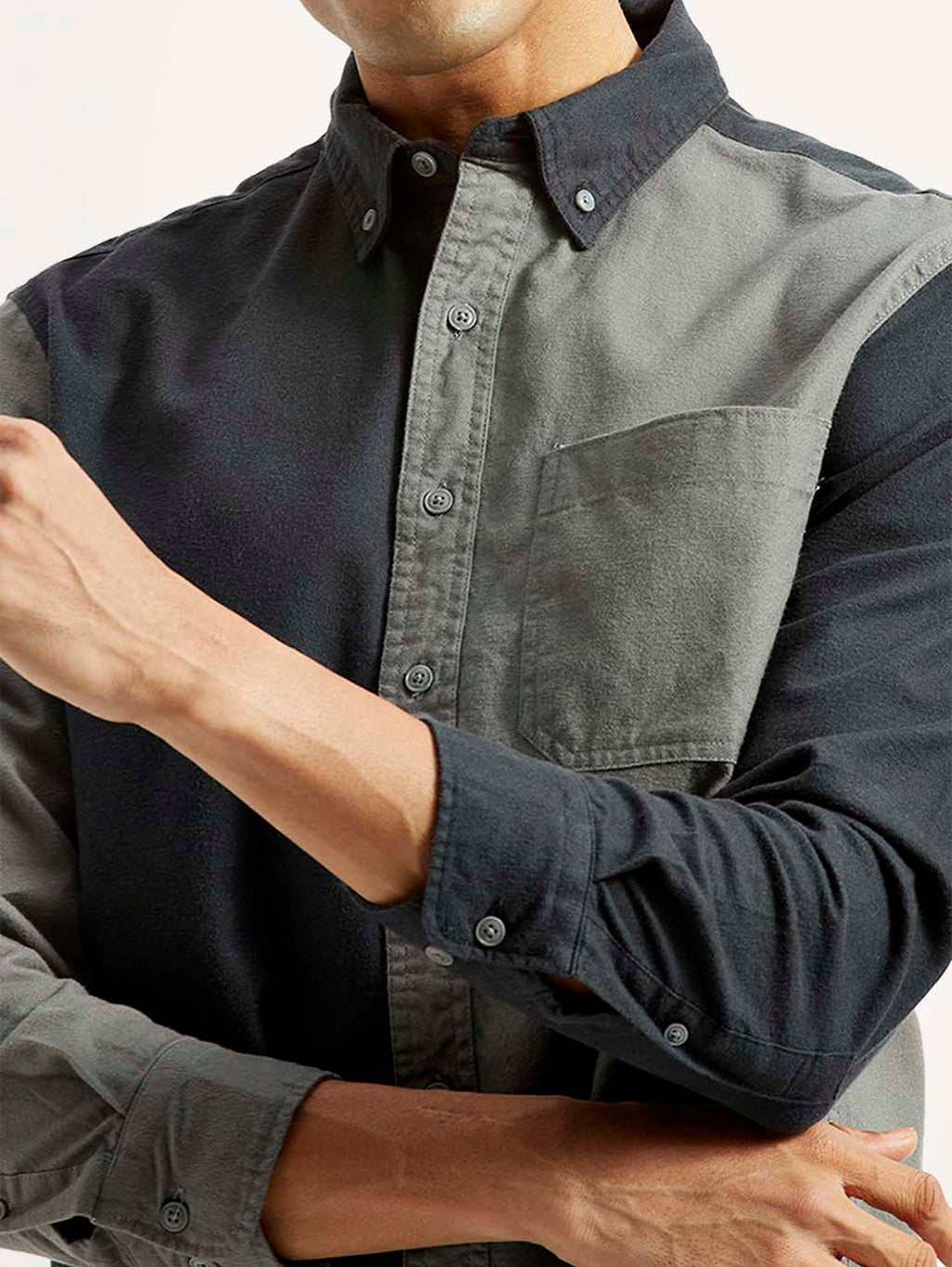 Men's Colorblock Charcoal Grey Spread Collar Flannel Shirt