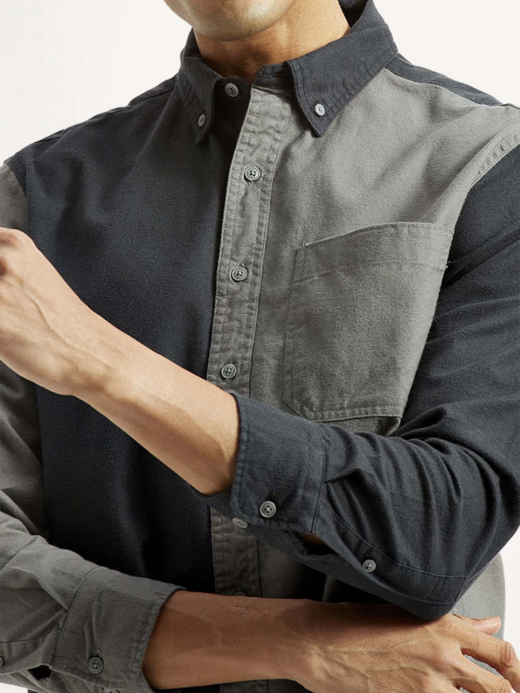 Men's Colorblock Charcoal Grey Spread Collar Flannel Shirt