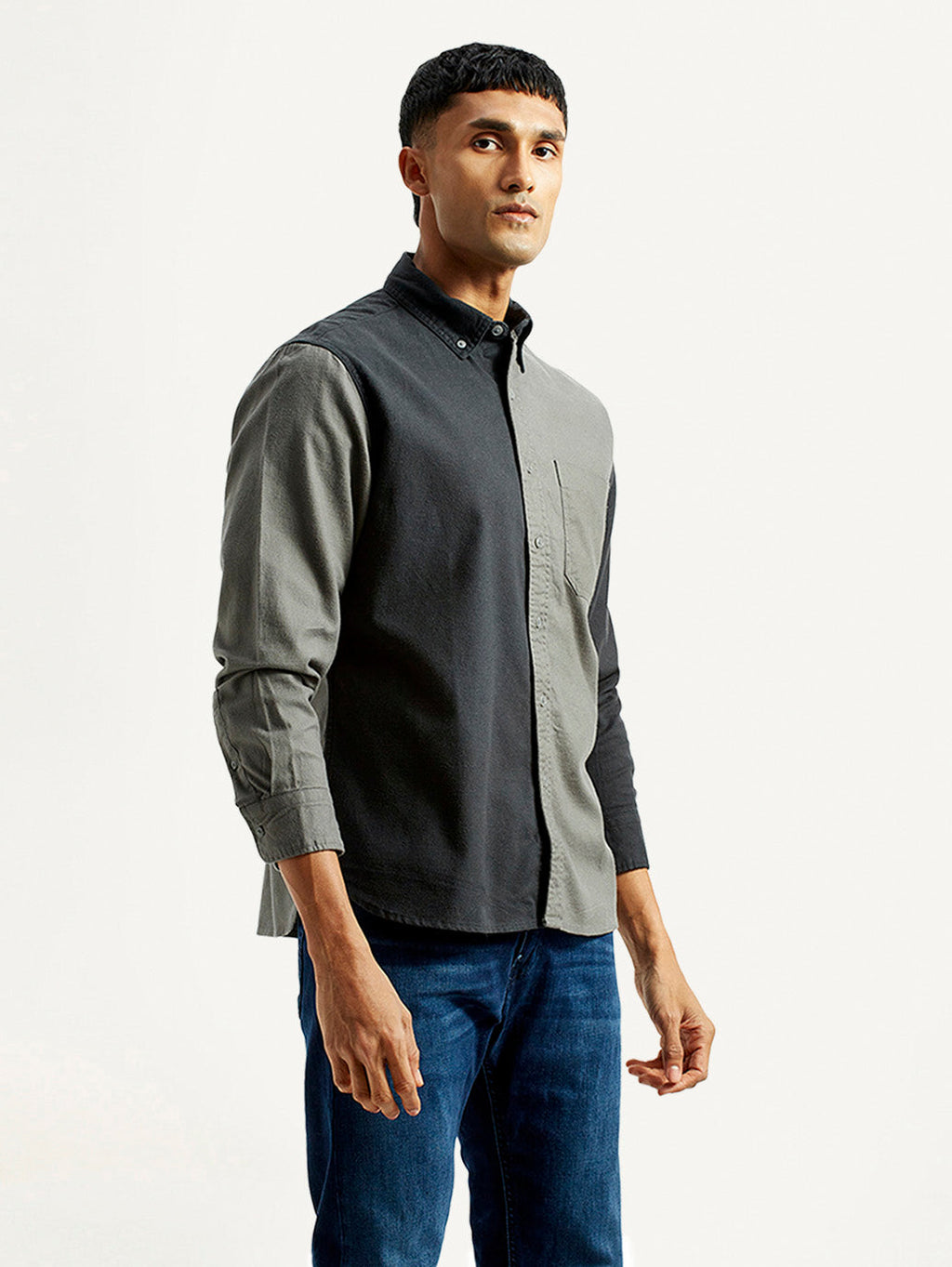 Men's Colorblock Charcoal Grey Spread Collar Flannel Shirt