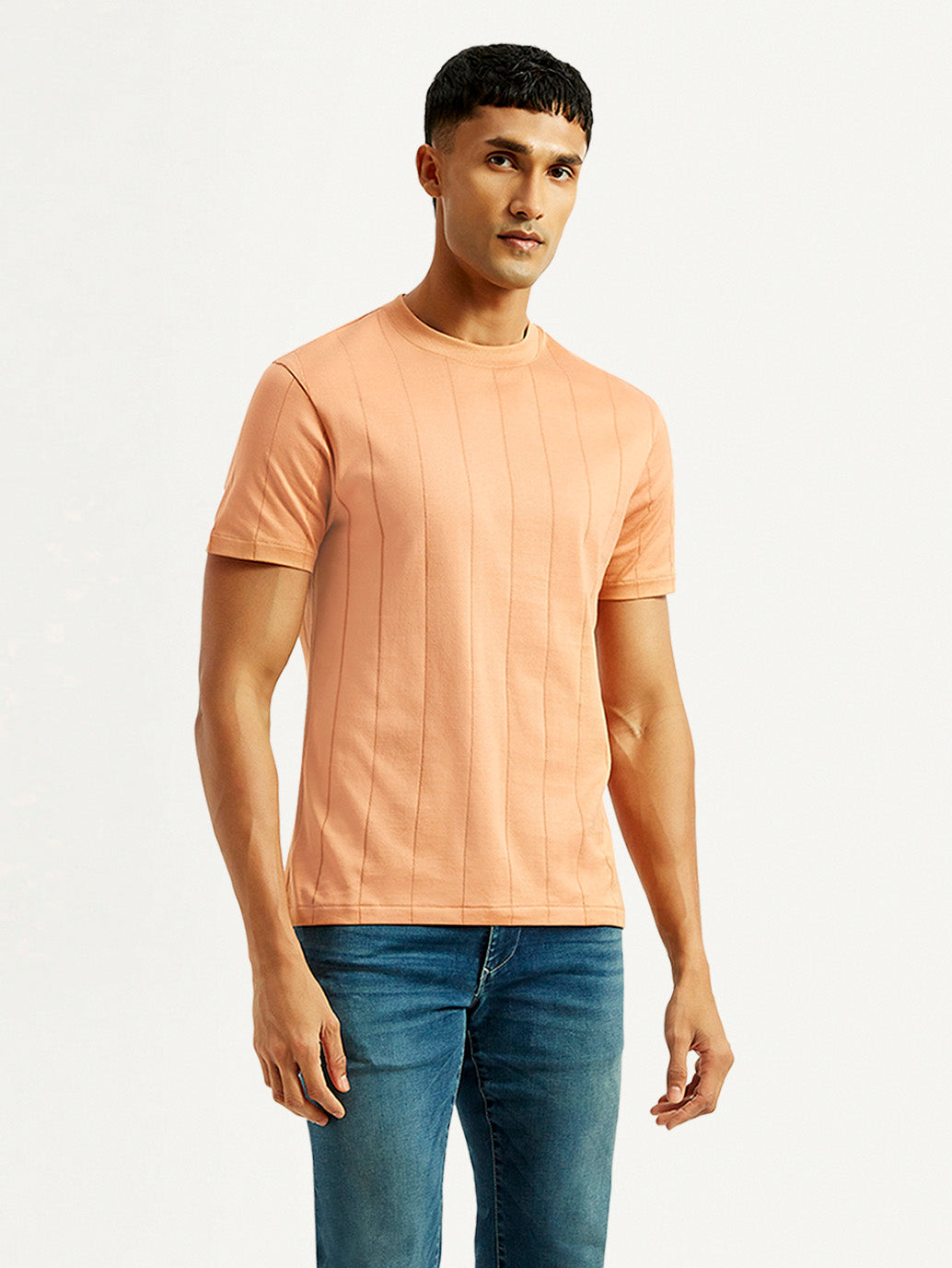 Men's Striped Peach Crew Neck T-shirt